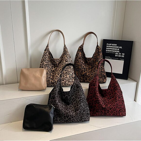 Suede Tote Bag for Women Leopard Print Large Capacity Fashionable Shoulder Bag - Picture 6 of 6